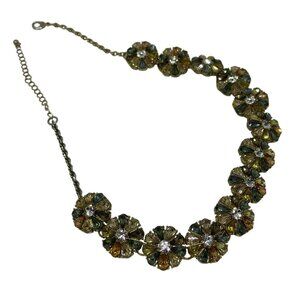 VTG Gold-Tone Floral Statement Necklace Multi-Color Petals Rhinestone Centers